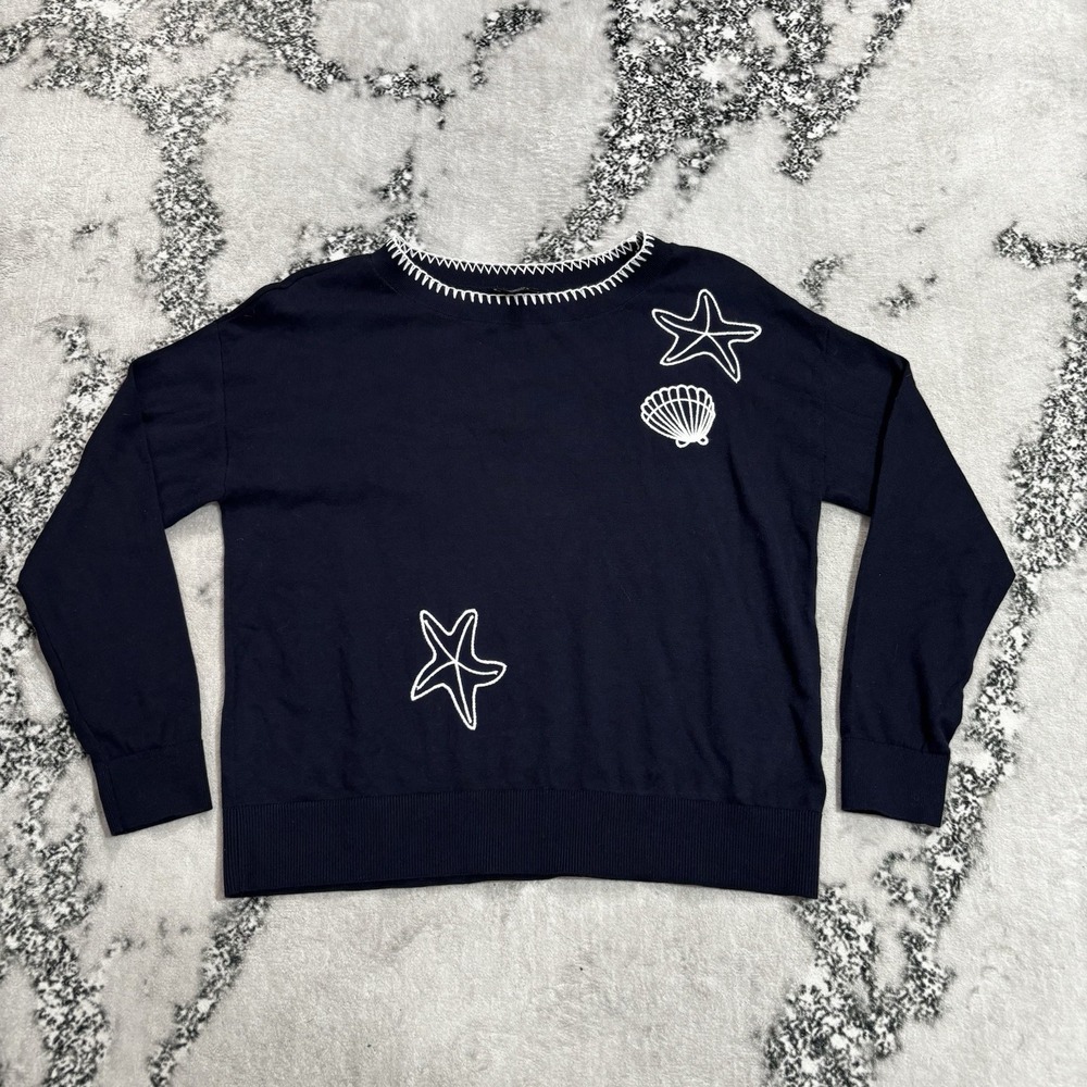 Talbots Petites Starfish Seashell Sweater Size SP Navy Embroidered Nautical